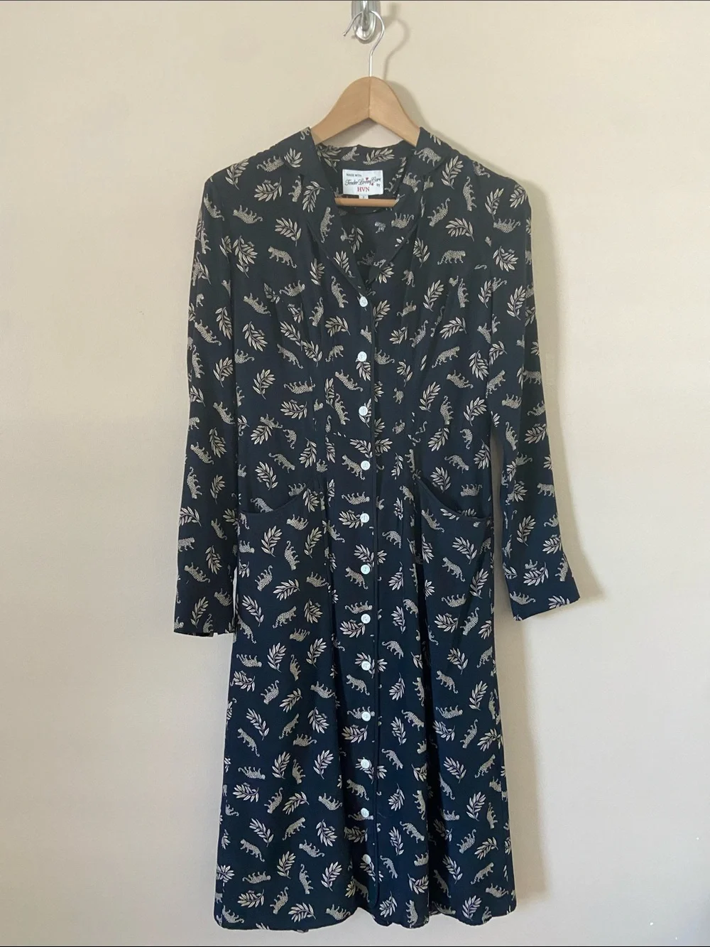 HVN Sarah Silk Button-Down Dress Leopard & Leaf Print